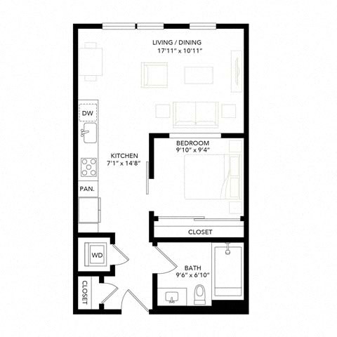 Floor plan for 1 bed, 1 bath, 600 sqft